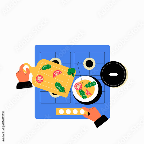 Hands preparing ingredients on stovetop in flat vector illustration symbolizing cooking, food preparation, and culinary skills, isolated on white background.