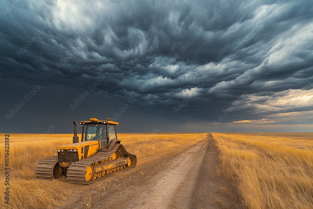 Fototapeta premium Tractor on rural road, storm clouds overhead, field, agriculture, weather