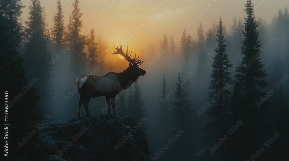 A majestic elk standing tall on a rock formation calling out with its impressive antlers silhouetted against the misty golden sunrise in a serene forested mountain landscape A majestic elk standing tall on a rock formation calling out with its impressive antlers silhouetted against the misty golden sunrise in a serene forested mountain landscape