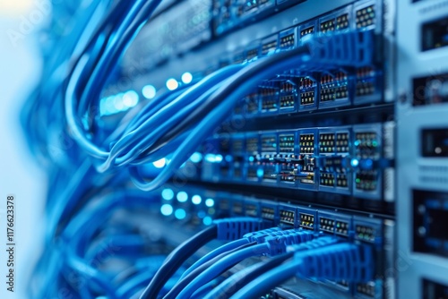 Blue network cables plugged into a server rack. AI generative. .