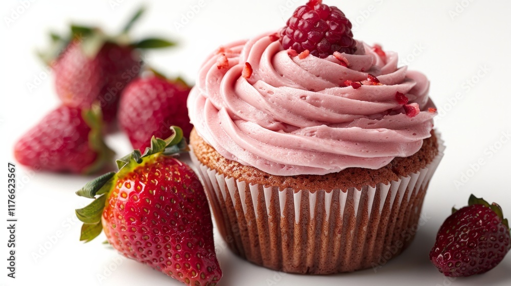 Chocolate cupcake topped with pink frosting and a raspberry, surrounded by strawberries. AI generative. . Chocolate cupcake topped with pink frosting and a raspberry, surrounded by strawberries. AI generative. .