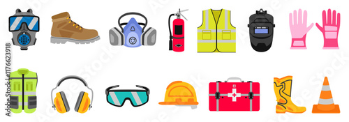 Safe work items set. A collection of personal protective equipment for a construction site worker. Workplace safety. Welding mask, vest, fire extinguisher, respirator, gas mask. Vector illustration.