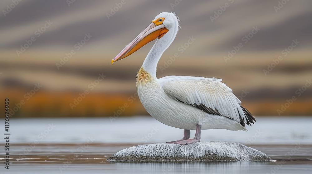 White pelican standing on a rock in shallow water, blurred background. White pelican standing on a rock in shallow water, blurred background.