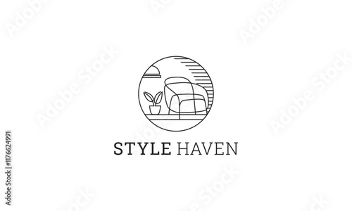 Modern minimalist armchair design with plant and lamp logo, furniture sweet home logo