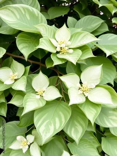 Cornus controversa 'Variegata'. Wedding cake tree or giant dogwood. Ornamental tree with beautiful layered horizontal branches, leaves with cream margins and cymes of white flowers. photo