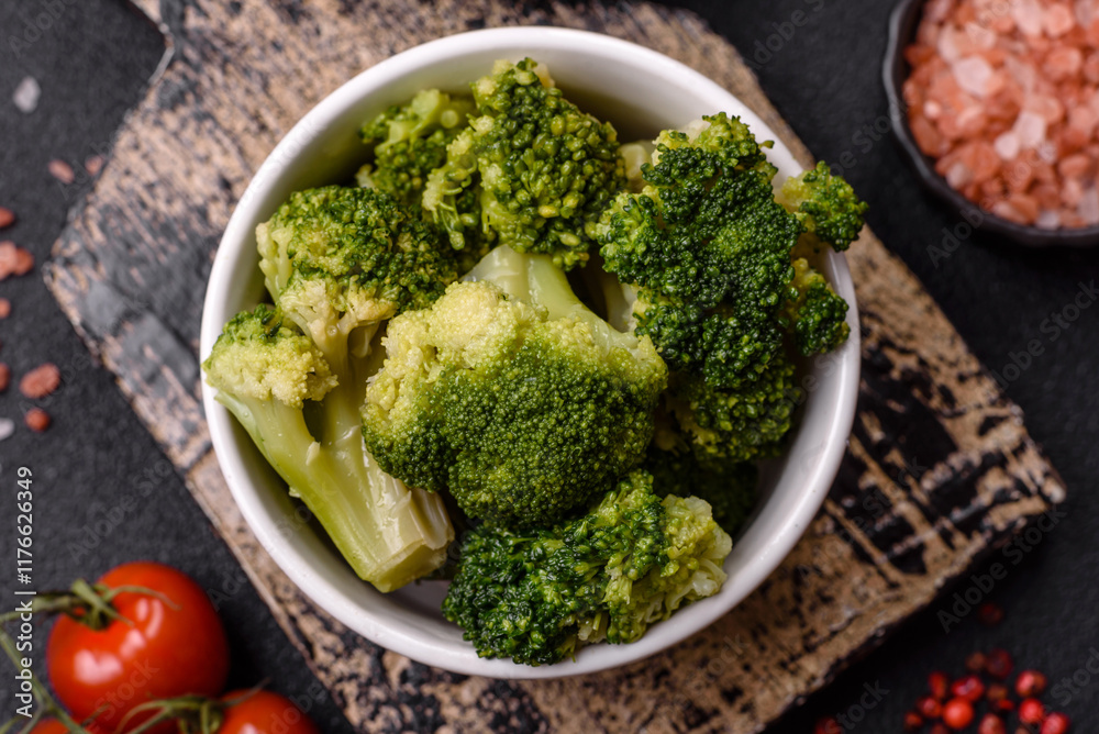 Delicious fresh green broccoli steamed in a ceramic plate Delicious fresh green broccoli steamed in a ceramic plate