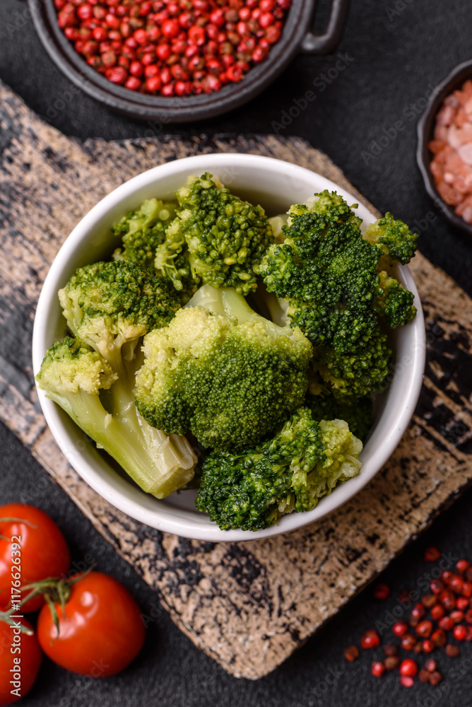 Delicious fresh green broccoli steamed in a ceramic plate