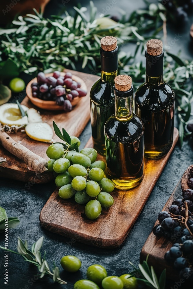 Obraz premium Bottles of olive oil and fresh olives highlight the benefits of heart-friendly fats in Mediterranean cuisine