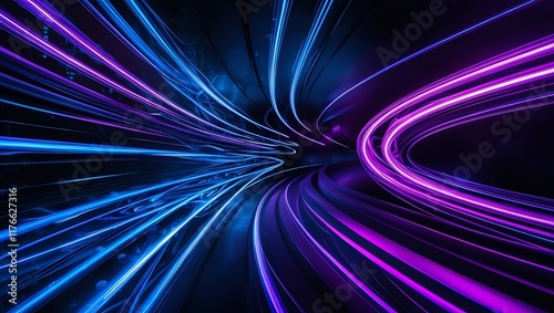 Blue and white wavy light lines flowing smoothly on a dark gradient background, futuristic glowing abstract dynamic streaks photo