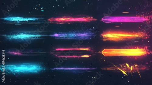 Modern technology banners collection in cyberpunk style. Abstract sci-fi text boxes with glitch effect. Futuristic hi-tech badges. Colorful glitchy background set. Vector illustration.