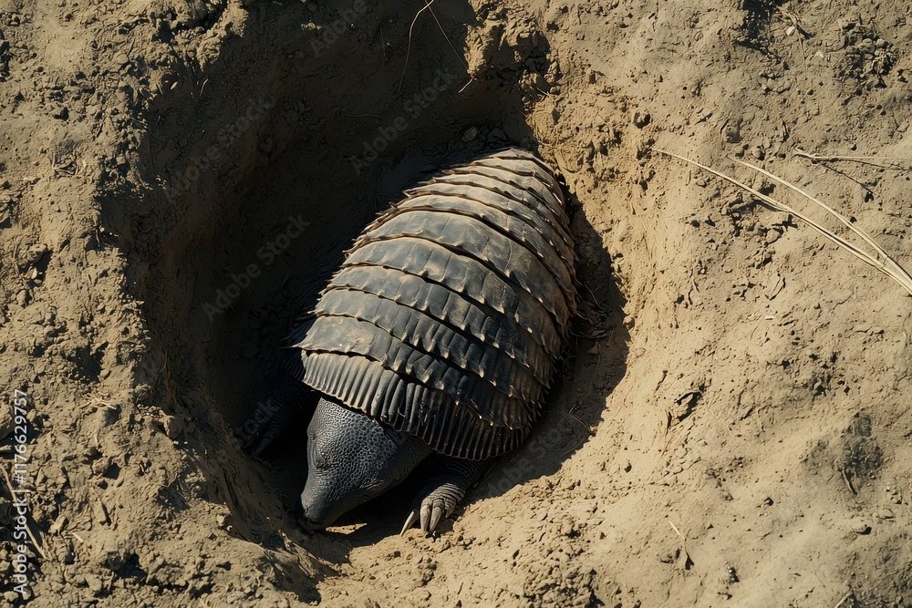 Fototapeta premium A close-up of a giant armadillo digging its burrow in the dry soil of the Chaco region
