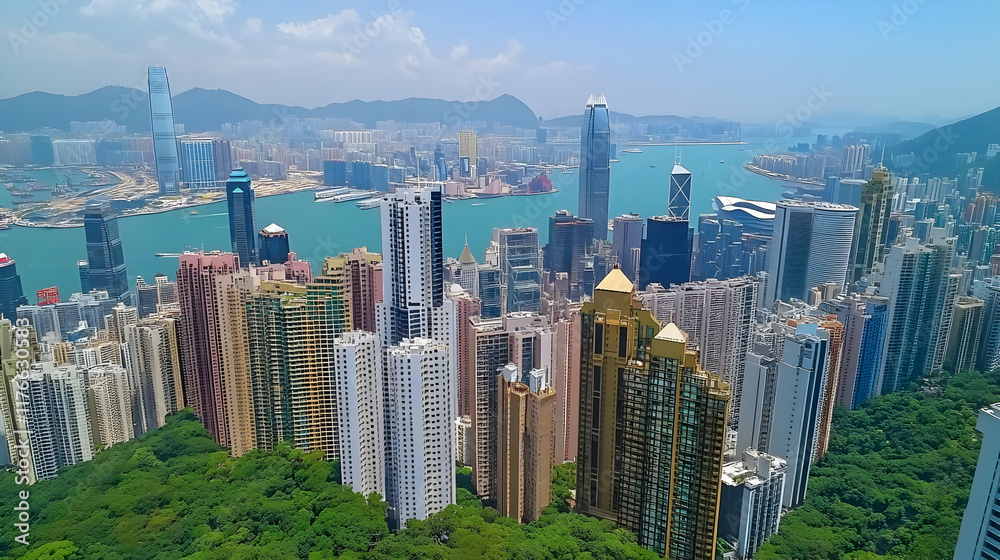 Fototapeta premium Urban Skyline Illustration: High-Rise Buildings and Lush Greenery