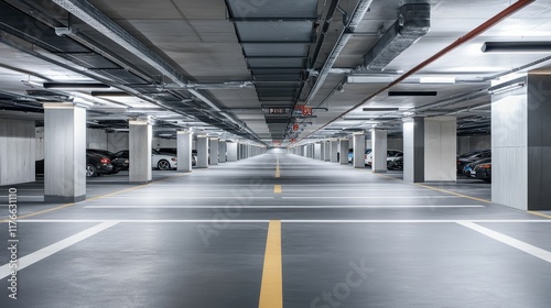 Modern underground parking garage, vehicles parked. photo