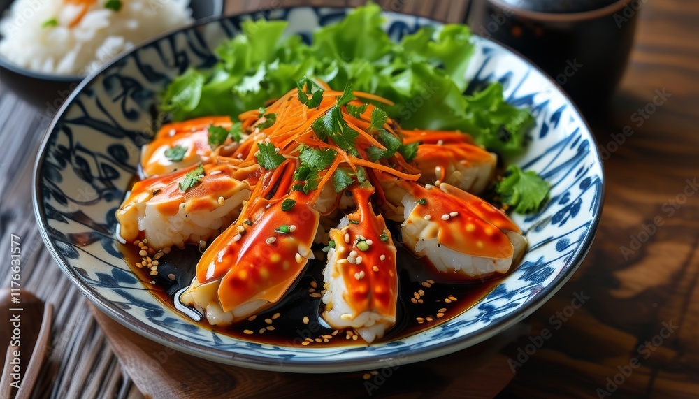 Delicious Marinated Crabs with Soy Sauce and Fresh Ingredients on Elegant Plate Delicious Marinated Crabs with Soy Sauce and Fresh Ingredients on Elegant Plate