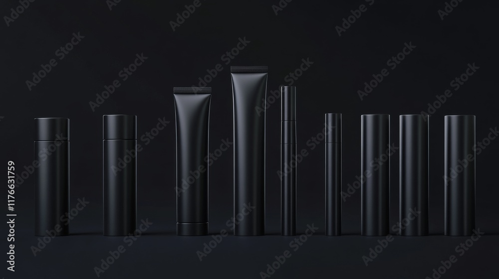 Obraz premium Set of black cosmetic tubes. Closed blank tubes with caps. Realistic mockup. Long nozzle tube. for ointment or salve. Gel serum. Korean packaging. Lip gloss. Toothpaste. Hand cream