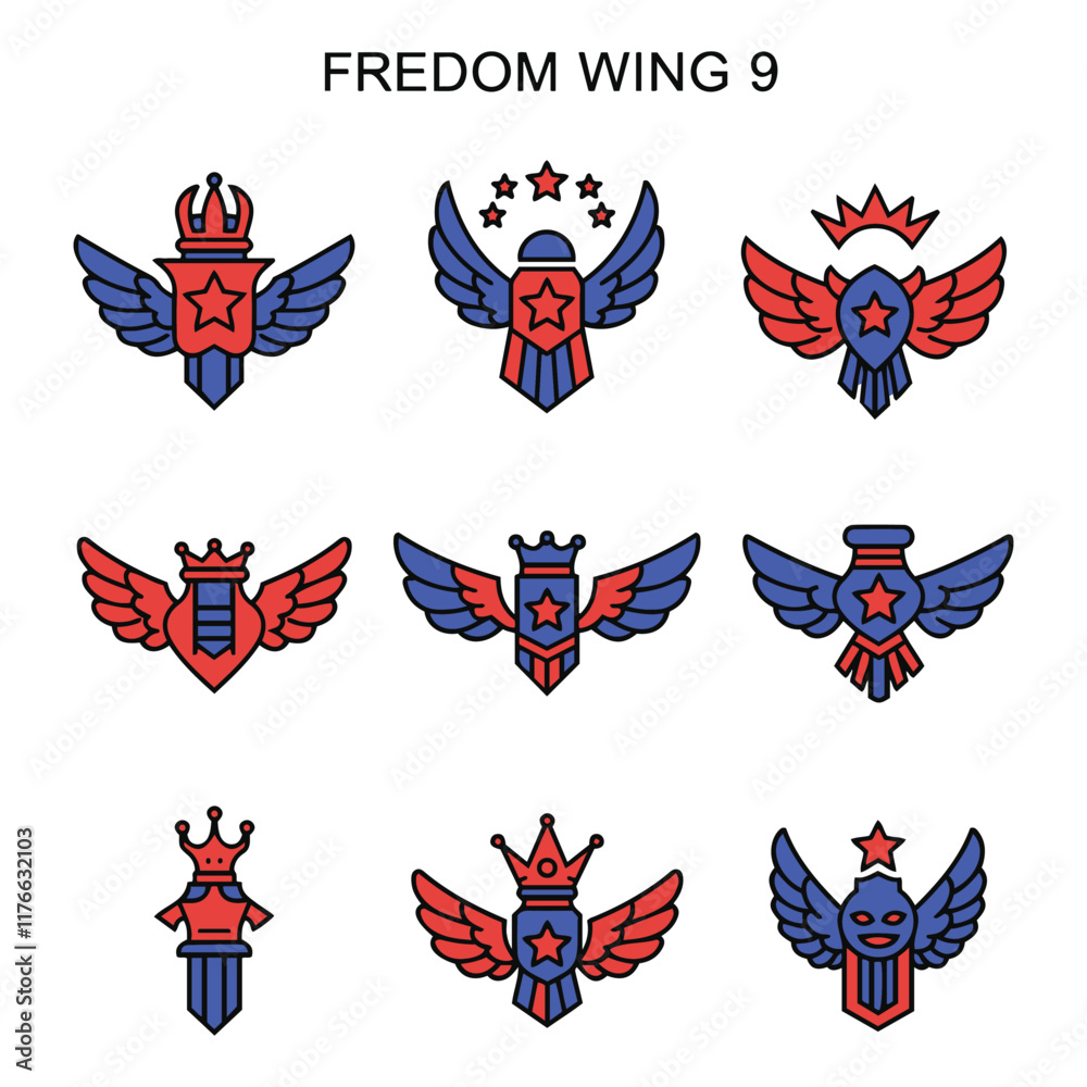 Freedom Wings Set of Red and Blue Winged Skull Emblems Dynamic Military and Gothic Inspired Icons with Stars, Shields, and Winged Designs
Freedom Wings Set of Red and Blue Winged Skull Emblems Dynamic Military and Gothic Inspired Icons with Stars, Shields, and Winged Designs