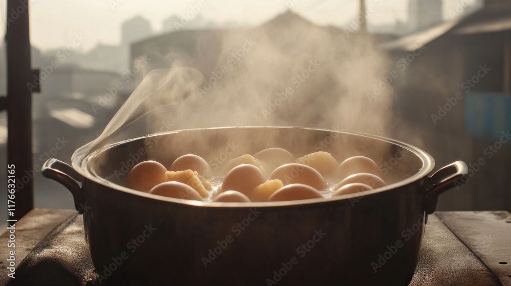 Cooking boiled eggs urban kitchen food preparation steamy environment close-up view culinary art Cooking boiled eggs urban kitchen food preparation steamy environment close-up view culinary art