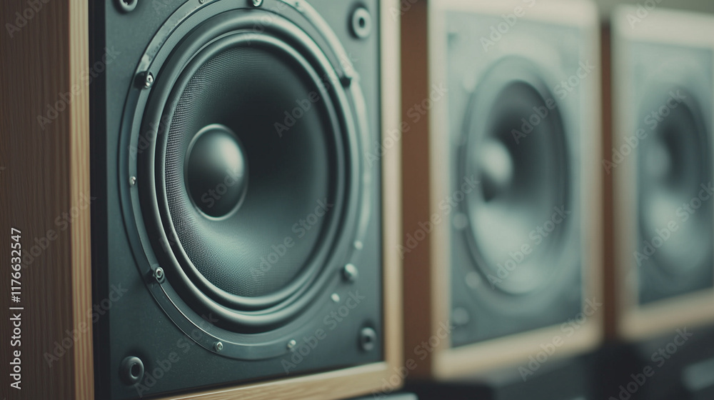 High-Fidelity Sound System: Close-up of bookshelf speakers with wooden casing, showcasing the intricate details and high-quality audio components. Perfect for audiophile blogs, product catalogs. High-Fidelity Sound System: Close-up of bookshelf speakers with wooden casing, showcasing the intricate details and high-quality audio components. Perfect for audiophile blogs, product catalogs.