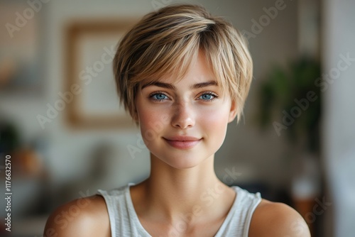 Portrait of smiling young woman with short blond hair and blue eyes