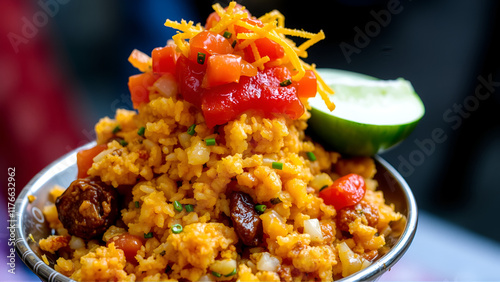 Bhelpuri Chaat/chay is a road side tasty food from India, served in a bowl or plate. selective focus photo