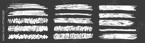 Set of chalk highlight and texture emphasis. Crayon scribbles and zigzags on a black background. Handwriting vector illustration.