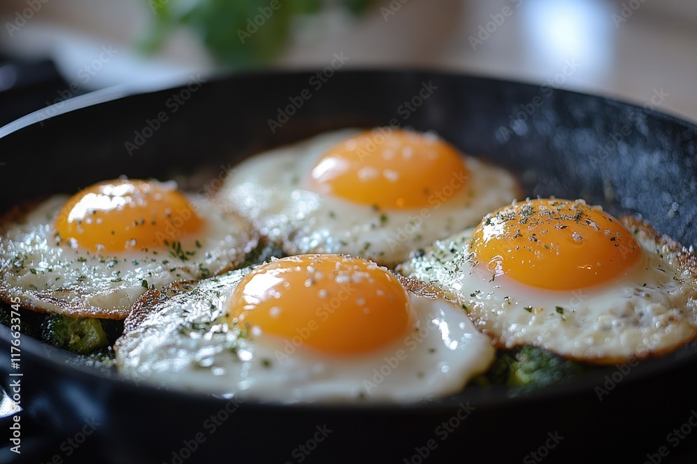 Chef frying eggs sunny side up with salt and herbs in pan Chef frying eggs sunny side up with salt and herbs in pan