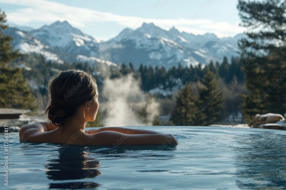 Woman relaxing in infinity pool enjoying snowy mountain view Woman relaxing in infinity pool enjoying snowy mountain view
