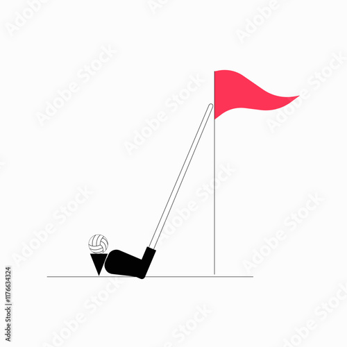 Golf ball near hole with flag in flat vector illustration symbolizing accuracy, success, and sports competition, isolated on white background.