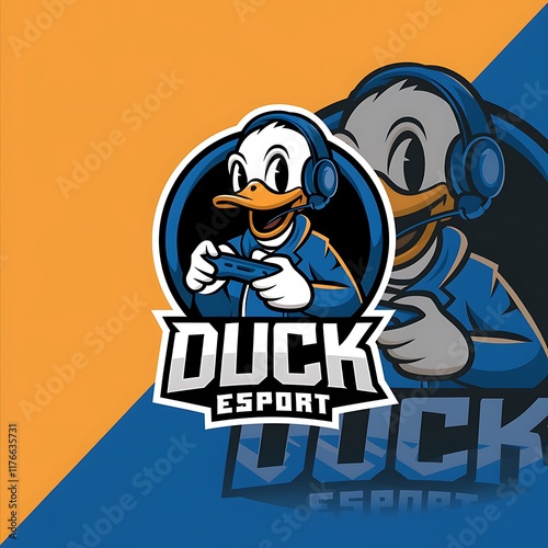 Duck mascot logo in esports style, featuring a determined duck wearing a hat and holding a game controller for competitive branding. photo