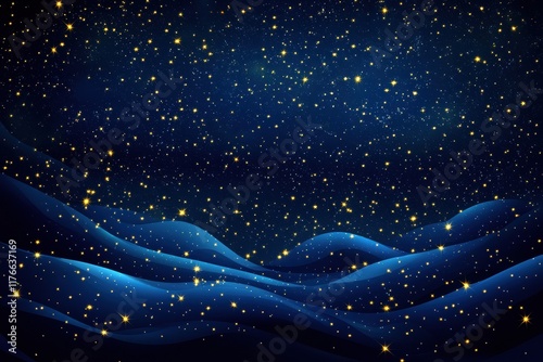waterfalls of golden glitter sparkle particles stars on blue background
