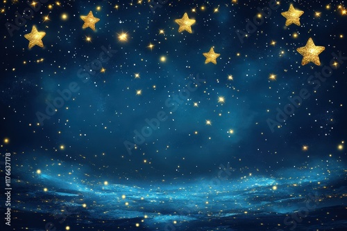 waterfalls of golden glitter sparkle particles stars on blue background
