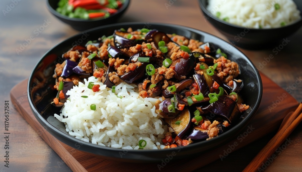 Colorful Stir Fried Eggplant with Ground Meat and Rice Served in Black Bowl Colorful Stir Fried Eggplant with Ground Meat and Rice Served in Black Bowl