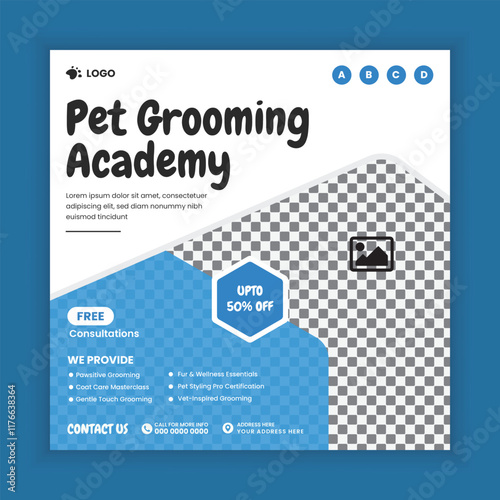 Pet Care and Grooming Training Center Social Media Post and Animal Care Training Academy Instagram Post Square Flyer Design Template. Online Pet Care Course Web Banner Design Template