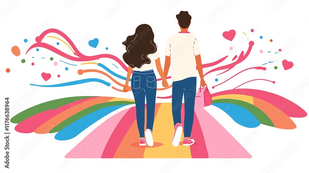 Couple walking hand in hand, colorful abstract background, celebrating love and togetherness. Couple walking hand in hand, colorful abstract background, celebrating love and togetherness.