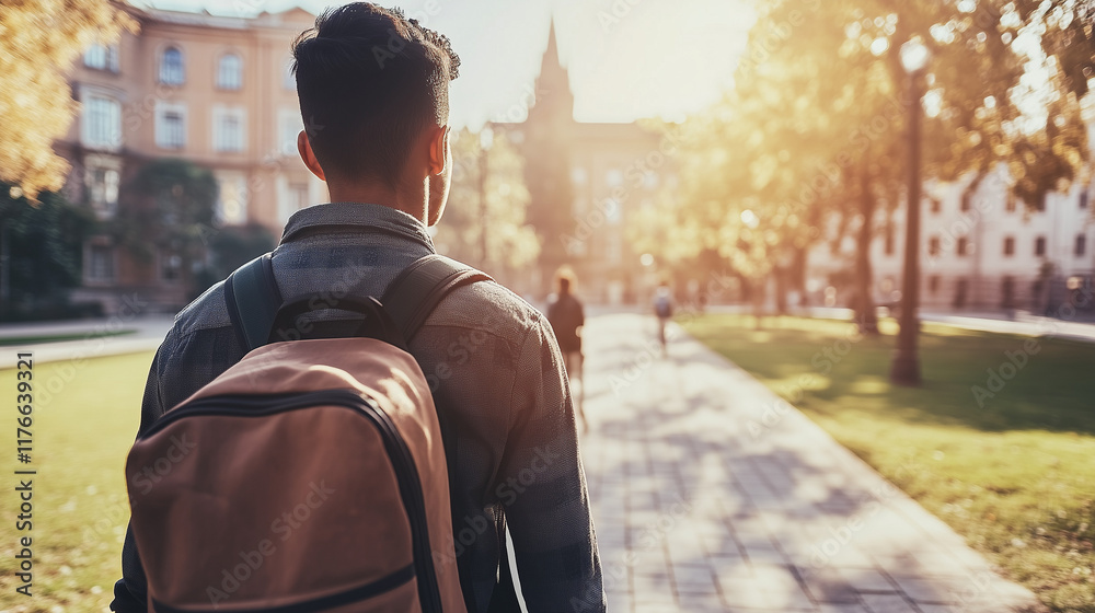 Obraz premium Back view of a college student walking with a backpack in campus