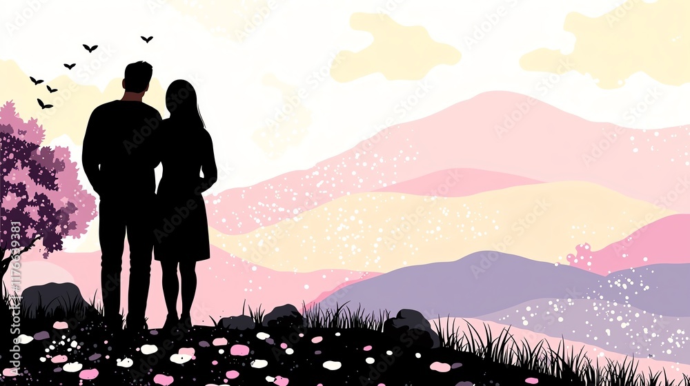 Silhouette of a couple standing together against a colorful sunset, surrounded by flowers and mountains in a serene setting. Silhouette of a couple standing together against a colorful sunset, surrounded by flowers and mountains in a serene setting.