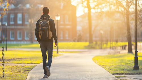 Back view of a college student walking with a backpack in campus