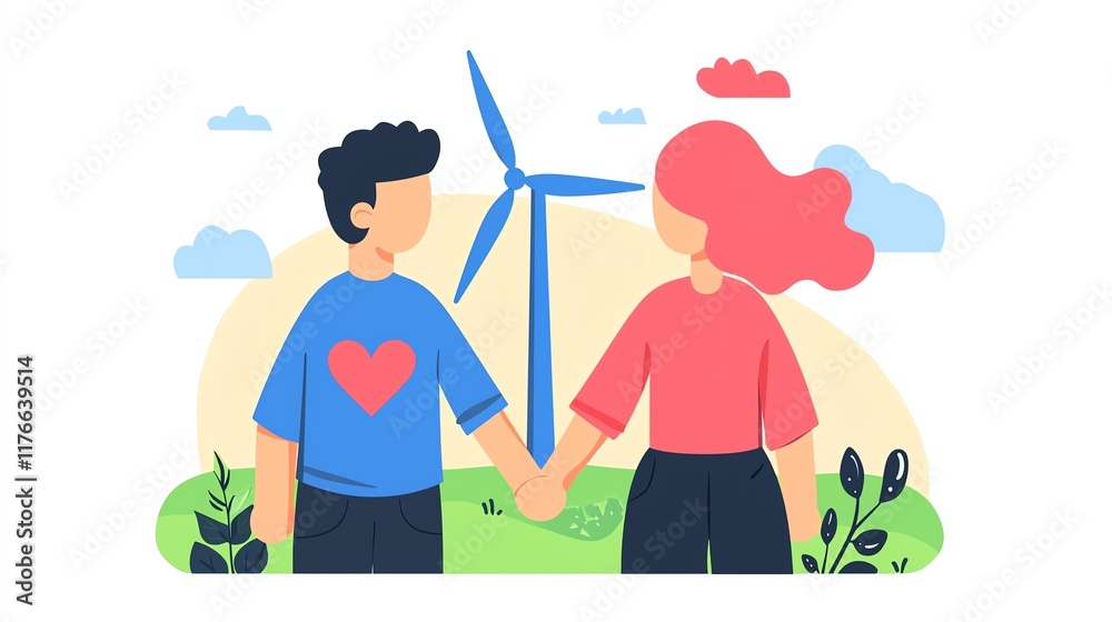 Couple holding hands near wind turbine in a scenic, eco-friendly environment. Couple holding hands near wind turbine in a scenic, eco-friendly environment.
