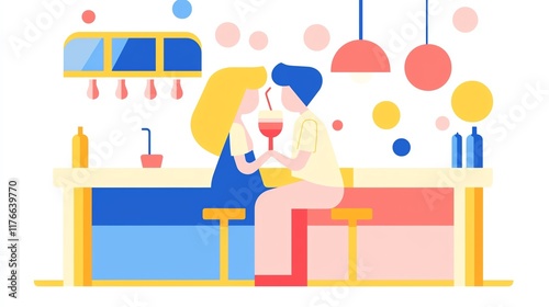 A couple sharing a romantic moment at a colorful bar, surrounded by playful decor.