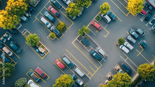 Fototapeta Naklejka Na Ścianę i Meble -  Aerial view of a full parking lot with cars and