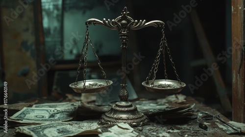 Scales of justice tipped unevenly reflect the stark realities of political corruption and social injustice in a neglected environment photo