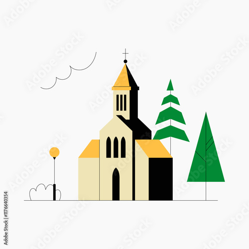 Church building with bell tower and trees in flat vector illustration symbolizing spirituality, architecture, and religious gathering, isolated on white background.