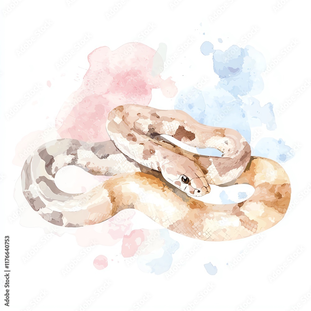 Obraz premium Two beautiful snakes intertwined against a soft watercolor background, showcasing their intricate patterns and colors.