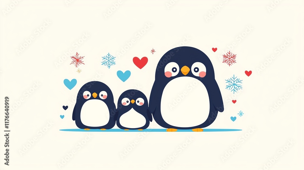 Obraz premium Three adorable penguins with hearts and snowflakes, perfect for playful winter themes.