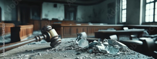 Broken gavel symbolizes political corruption and the decline of justice systems in empty courtrooms photo