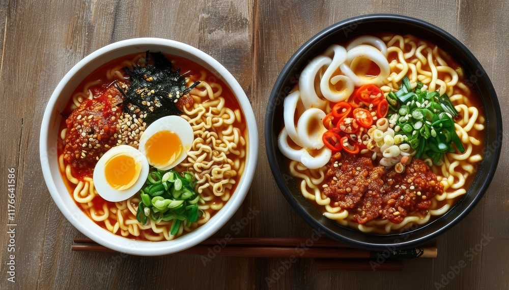 Delicious Spicy Ramyeon Set Featuring Noodles, Vegetables, and Eggs on Wooden Table Delicious Spicy Ramyeon Set Featuring Noodles, Vegetables, and Eggs on Wooden Table
