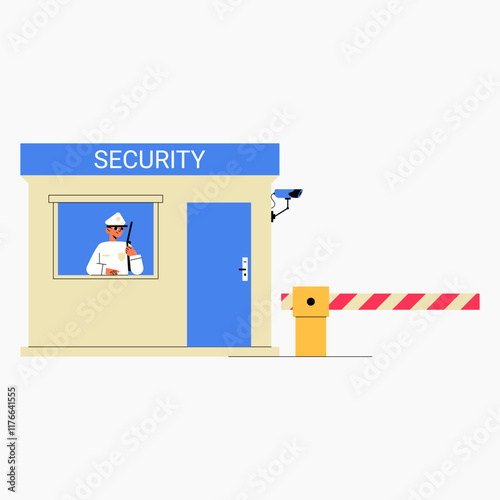 Security booth with male security guard holding radio in flat vector illustration symbolizing safety, control, and protection, isolated on white background.