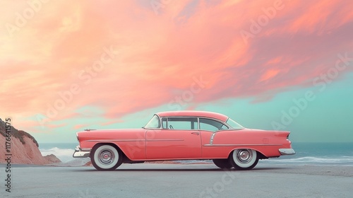 Pink classic car, coastal sunset view.