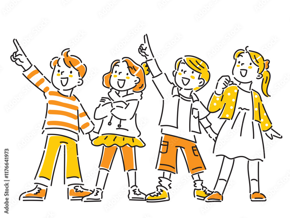 Naklejka premium 未来を目指し、空を見上げる4人の子どもたち