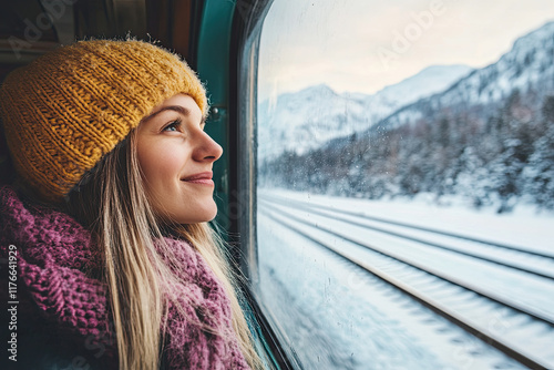 Happy woman traveler looks out from window traveling by train in beautiful winter mountains, Travel concept photo